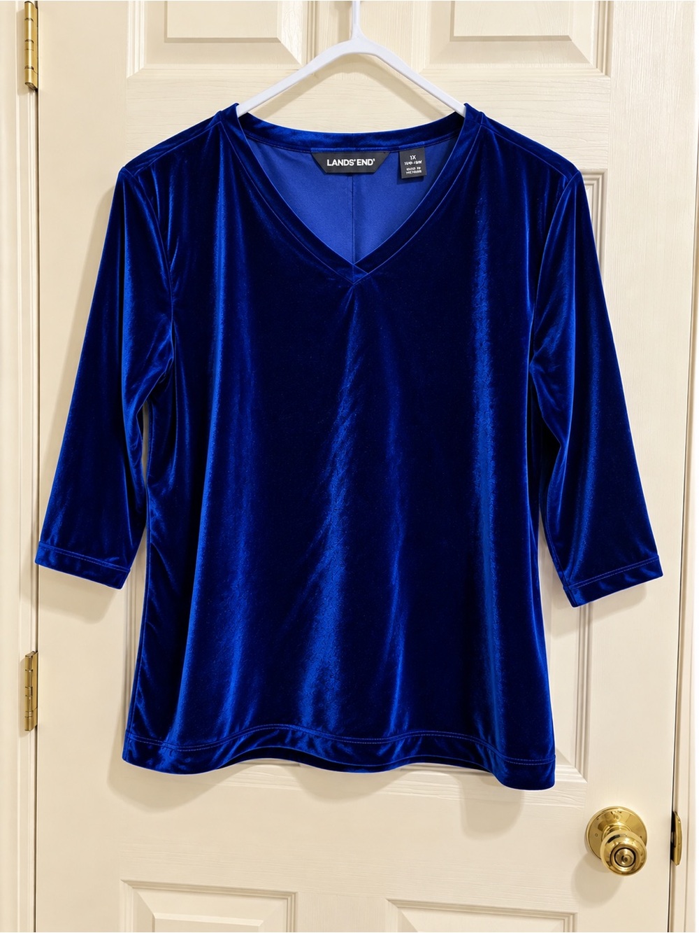 Lands’ End Cobalt Blue Velvet V-Neck 3/4 Sleeve Top Plus Size 1X Velour Dressy